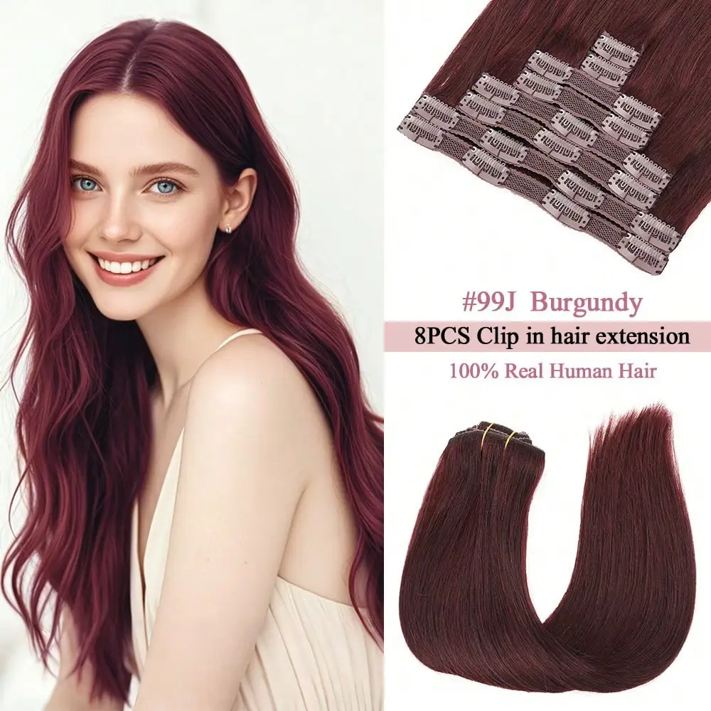 

Накладные волосы на заколках, бордовый цвет 99J, натуральные человеческие волосы, 8 шт., 120 г, винно-красные, натуральные прямые накладные волосы на заколках для женщин