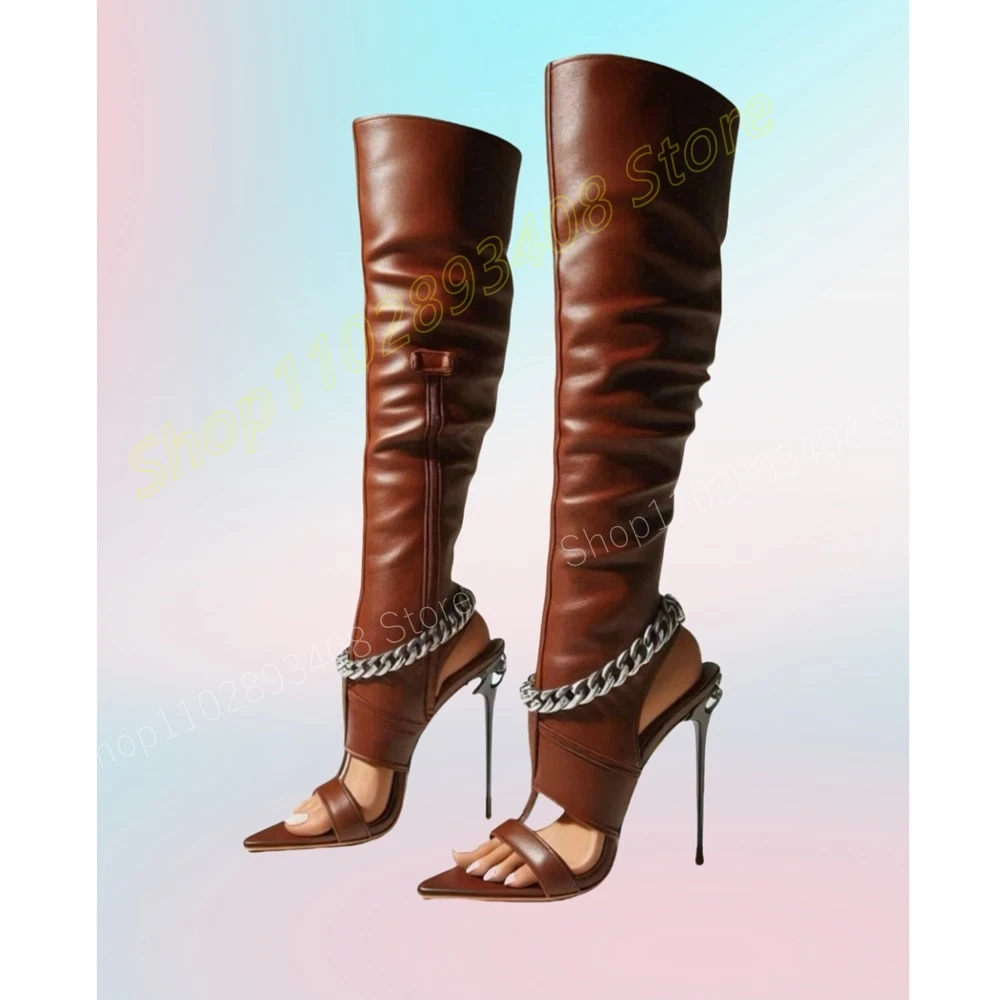 

Brown Metal Chain Mid Calf Boots Pointy Toe Stiletto High Heel Side Zipper Fashion Sexy 2024 Women Shoes Zapatos Para Mujere