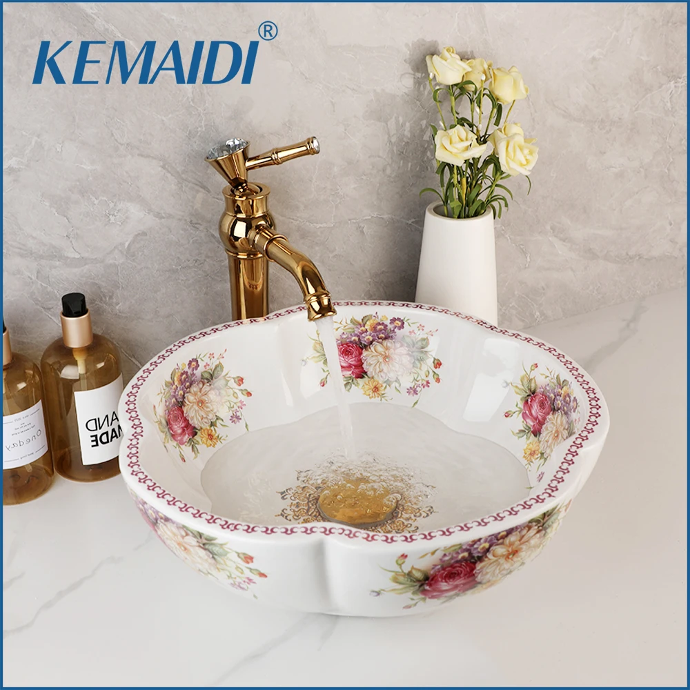 KEMAIDI Ceramic Bathroom Bar Vanity Vessel Sink Faucet Combo Flower Style White Above Counter Bowl with Golden Mixer Faucets