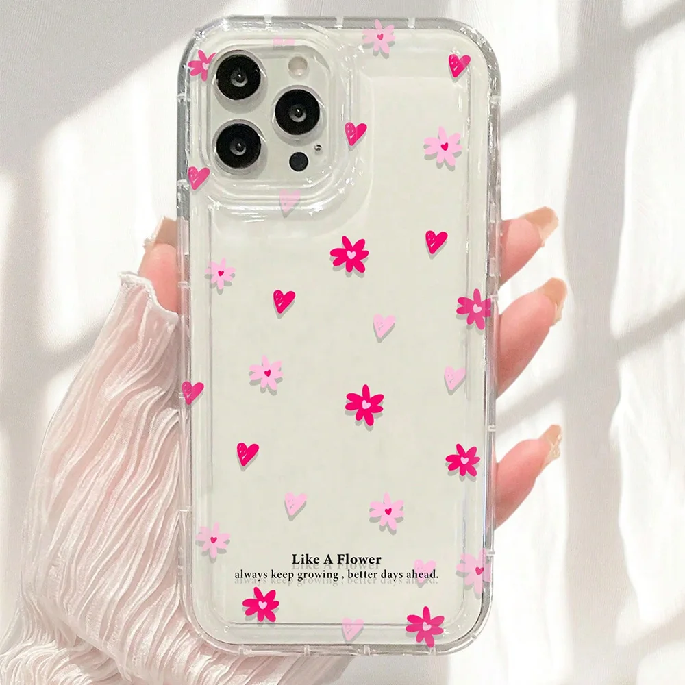Pink Flowers Heart Print Clear Phone Case For iPhone 17 Cases iPhone 16 15 14 13 12 11 Pro Max 16E XS X XR 7 8 Plus 17 Air Cover