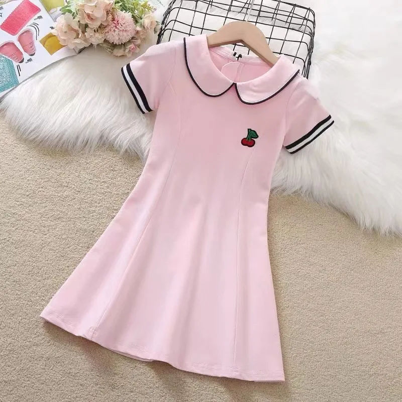 2024 Summer New retro Girls long fruit Cotton peter pan Collar Teenager striped Preppy Dresses Baby Clothes Toddler 8 10 12 year