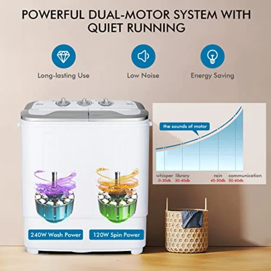 غسالة محمولة مدمجة بتصميم حوض مزدوج للاستخدام المنزلي والشقة والمركبات الترفيهية: 13 رطلًا السعة الإجمالية 8 رطل غسيل + 5 رطل
