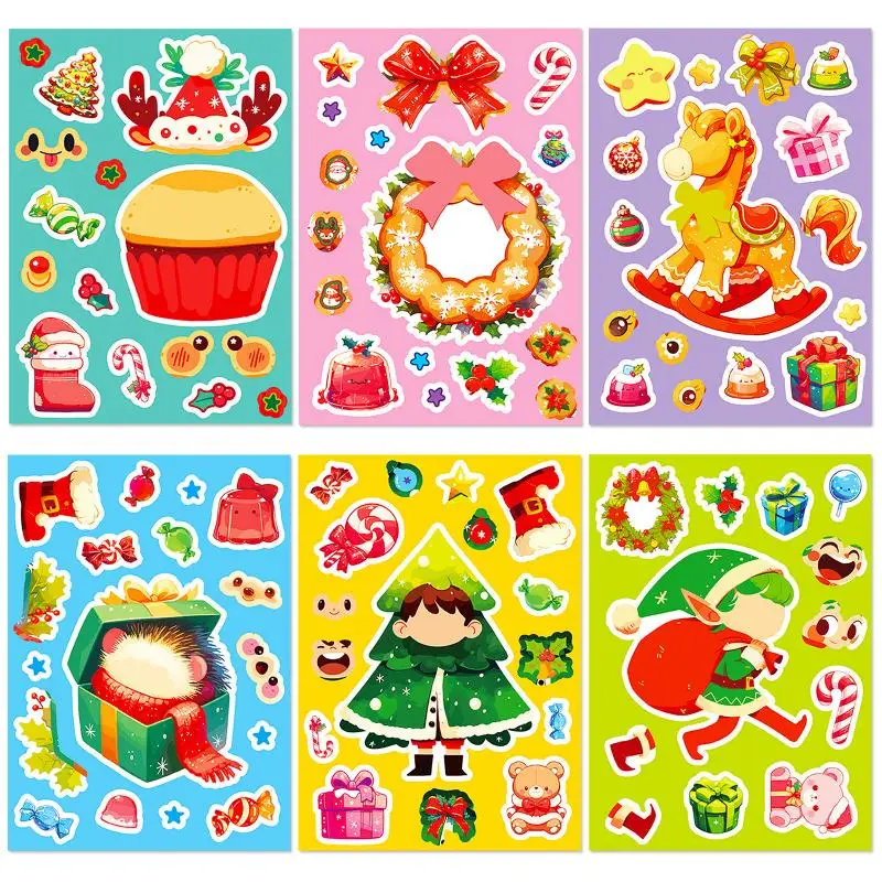 6pcs Cartoon Cute Christmas Puzzle Face Changing Stickers Christmas Puzzle Toy Stickers