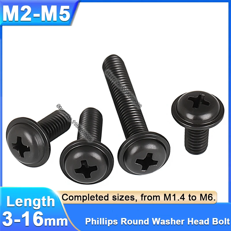 50/100/300 قطعة M2 M2.5 M3 M4 M5 صغيرة صغيرة سوداء الكربون الصلب الصليب فيليبس عموم رأس مستدير مع غسالة طوق وسادة مسامير البراغي