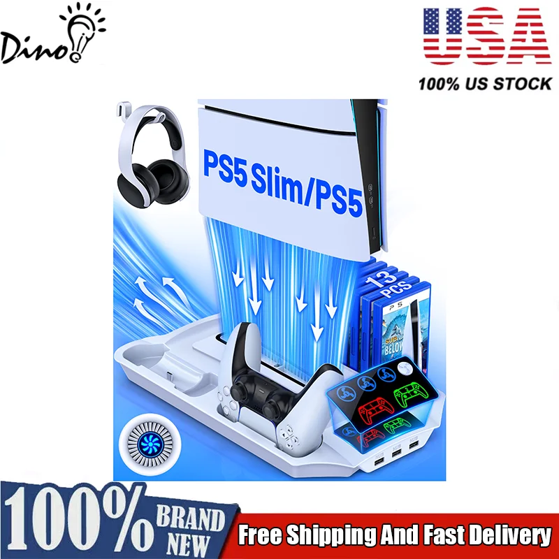 

Подставка для PS5 Slim и турбоохлаждающая станция с зарядным устройством с двумя контроллерами для Playstation 5, подставка для PS5, 3-уровневый охлаждающий вентилятор