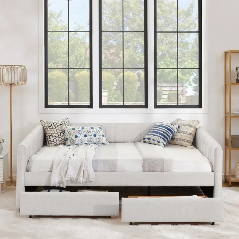 أريكة سرير نهارية بحجم كوين مع درجين، منجدة من قماش الكتان البيج مع خطوط عمودية (86.5 بوصة × 65 بوصة × 30 بوصة) #3