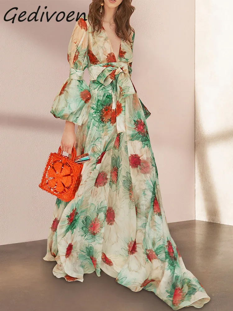 

Gedivoen Summer Fashion Designer Vintage Floral Print Dress Women's Sexy V Neck Long Sleeve High Waist Frenulum Slim Long Dress