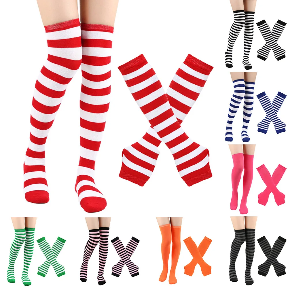 Striped Arm Sleeve And Stocking Set For Women Colorful Knee High Tube Socks Punk Style Long Arm Cosplay Clothing Accessories