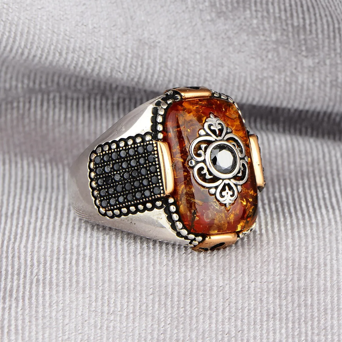 

Man Silver Ring , Square Amber Stone Ring , Orange Stone Ring , Turkish Handmade Ring , Ottoman Style Ring , 925k Sterling