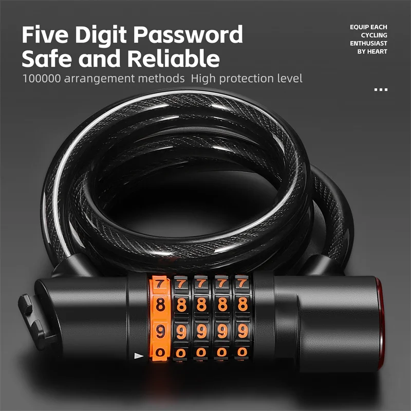 WEST BIKING Bicycle Steel Cable Lock 5 Digit Password With Taillight Anti-Theft Safety Lock Motorcycle MTB Road Bike Accessories