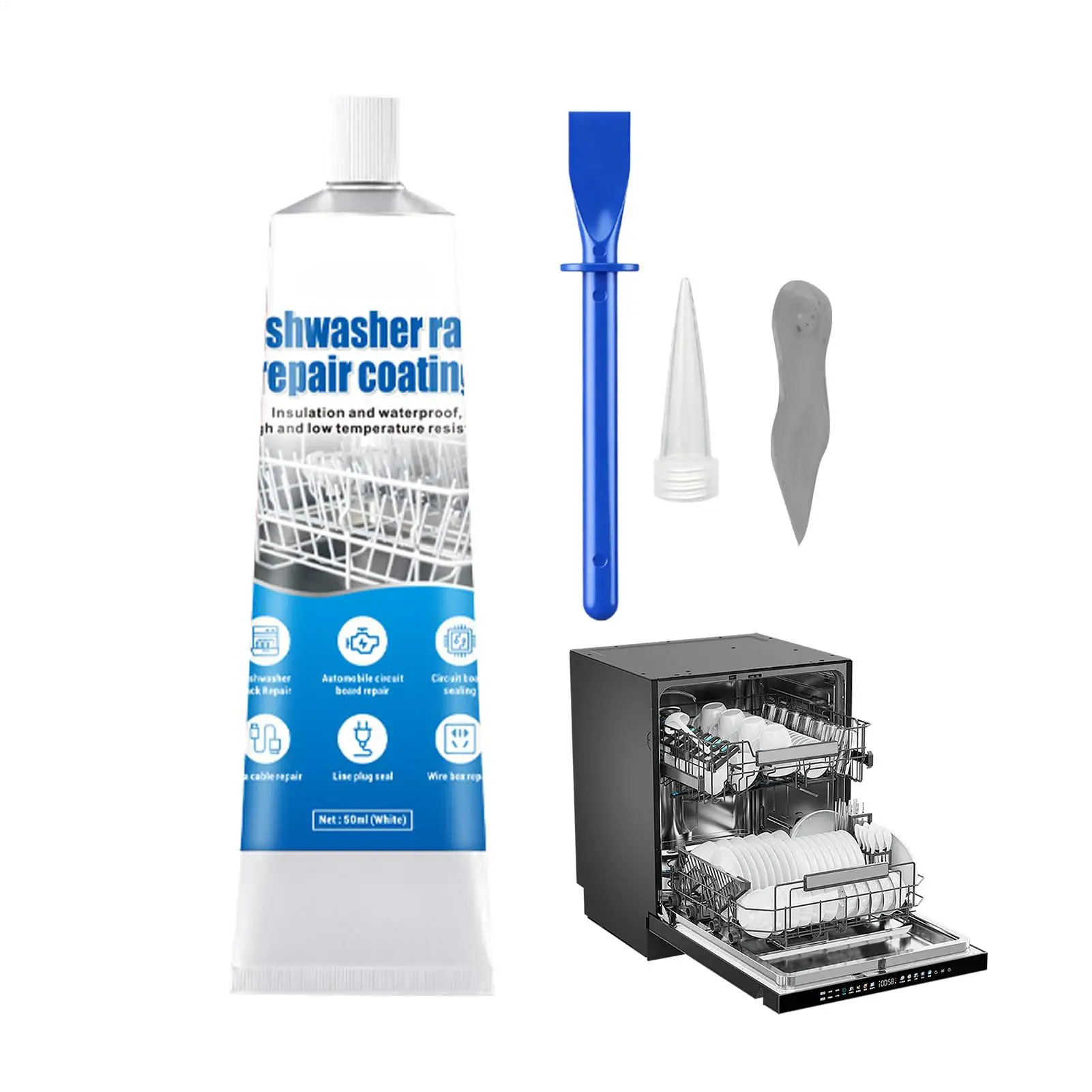 50ml Dishwasher Rack Repair Coating Anti-Rust Paint with Tip & Scraper Restores Worn/Torn Racks For Home Kitchen Restaurant Cafe