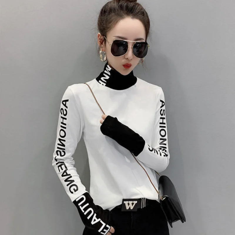 Top for Women Long Sleeve Turtleneck Slim T Shirts Female Yellow Skinny Emo Tees Cartoon Clothes Loose Youth Spring Xxl Pulovers