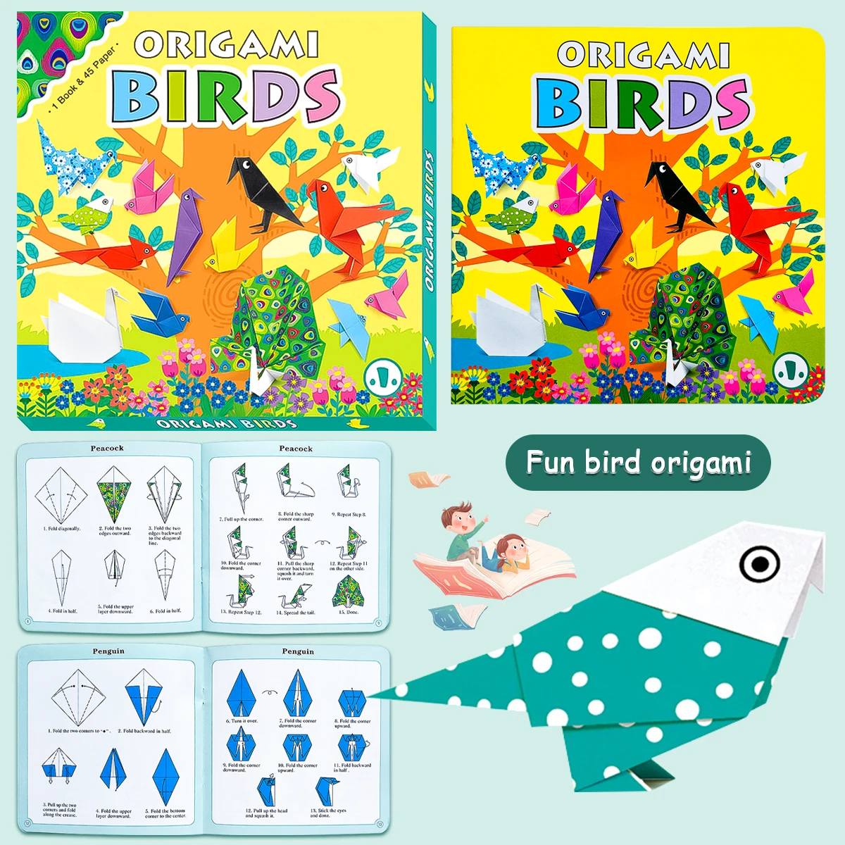 ชุดงานประดิษฐ์โอริกามิปี 2025: กระดาษสี 45 แผ่น + หนังสือสอนทำนกโอริกามิ - งานสร้างสรรค์ DIY สำหรับเด็ก