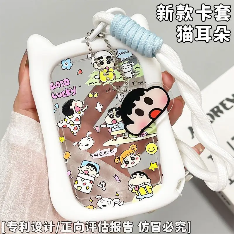 

Crayon Shinchan Transparent Cat Ear Card Cover Photo Cartoon Protective Case Card Holder Bus Subway Hanging Rope ID Protection