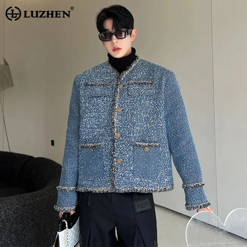 LUZHEN 2024 New Trendy Rough Edge Splicing Design Denim Jacket Men's Handsome Shoulder Pad Male Korean Luxury Outerwear LZ6224