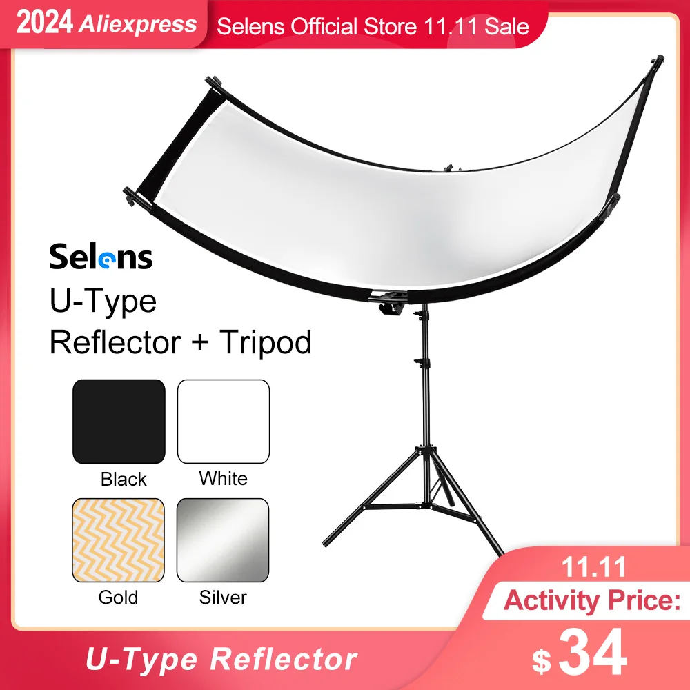 

Selens 60x180cm U-typed Reflector Tripod Flash Reflective Curved Reflector Portrait Shooting Photo Studio Kits Photography Props