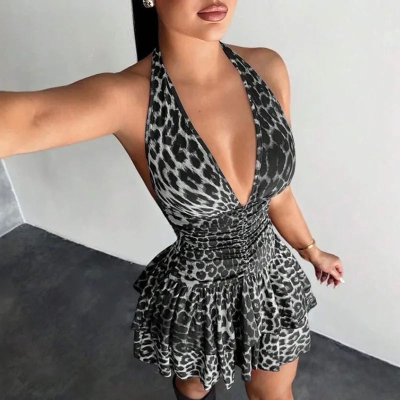 Sexy Mini-Kleid mit Hängedesign für Damen, Elegantes Hochgeschnittenes Rückenfreies Figurbetontes Kurzkleid, Vintage Leopardenmuster Partykleid