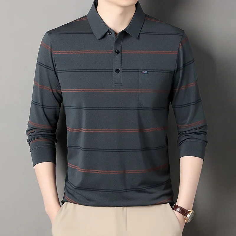 

Casual Long Sleeve Shirt Men's Collared Striped T-Shirt Business Casual Midlife Men's Fashion Spring Autumn High End