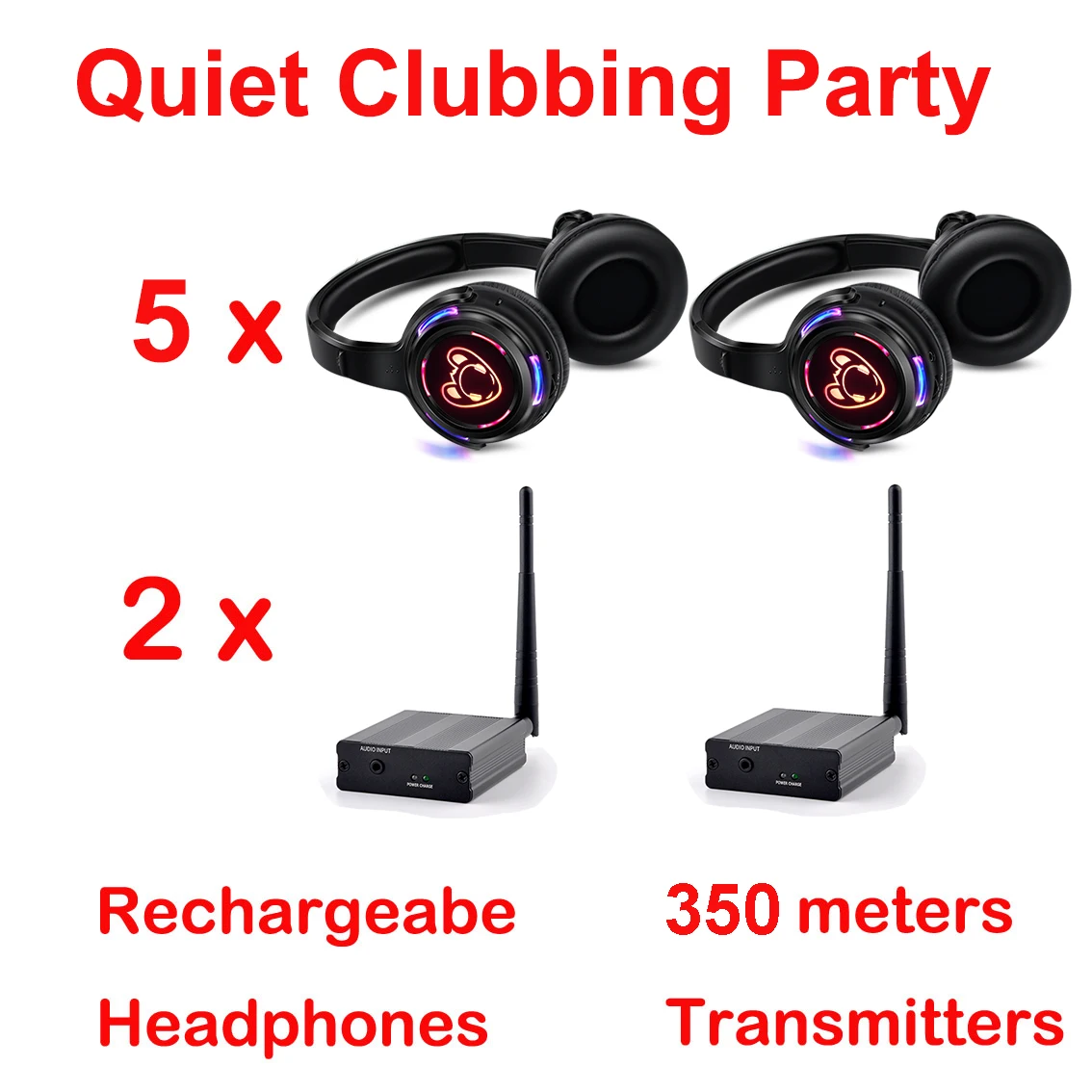 

Silent Disco System Black Led Logo Colors Wireless Headphones - Quiet Clubbing Party Bundle (5 Headsets + 2 Transmitter 500m)