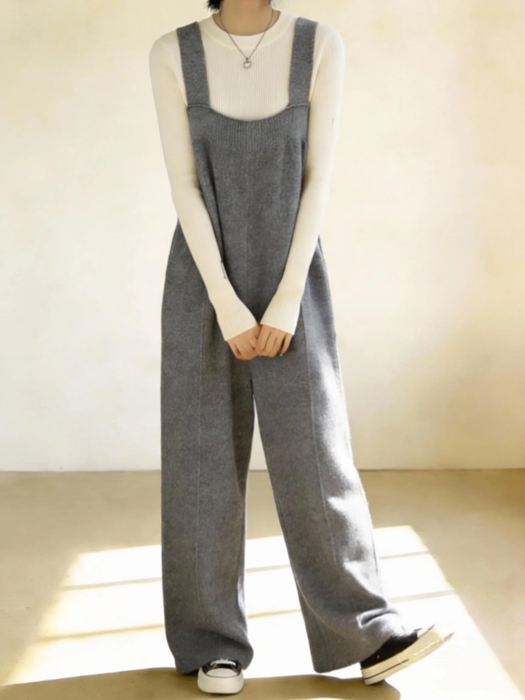 

Корейские трикотажные комбинезоны с высокой талией для женщин: свободные брюки с широкими штанинами, длинные брюки для повседневной носки, весенние, из китайского хлопка