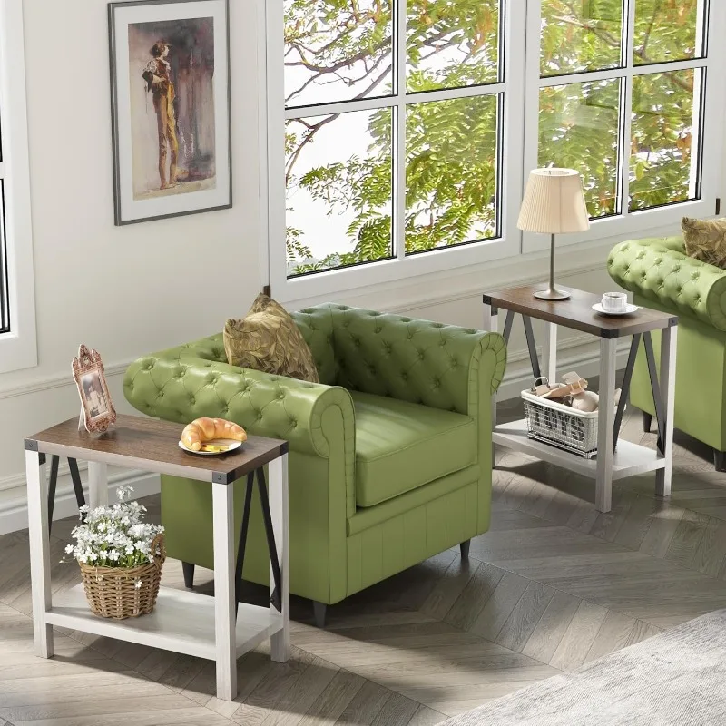 Farmhouse End Table Set Of 2, Narrow Side End Table With Storage Shelf, Rustic A-Design Nightstand Sofa Table For Livin