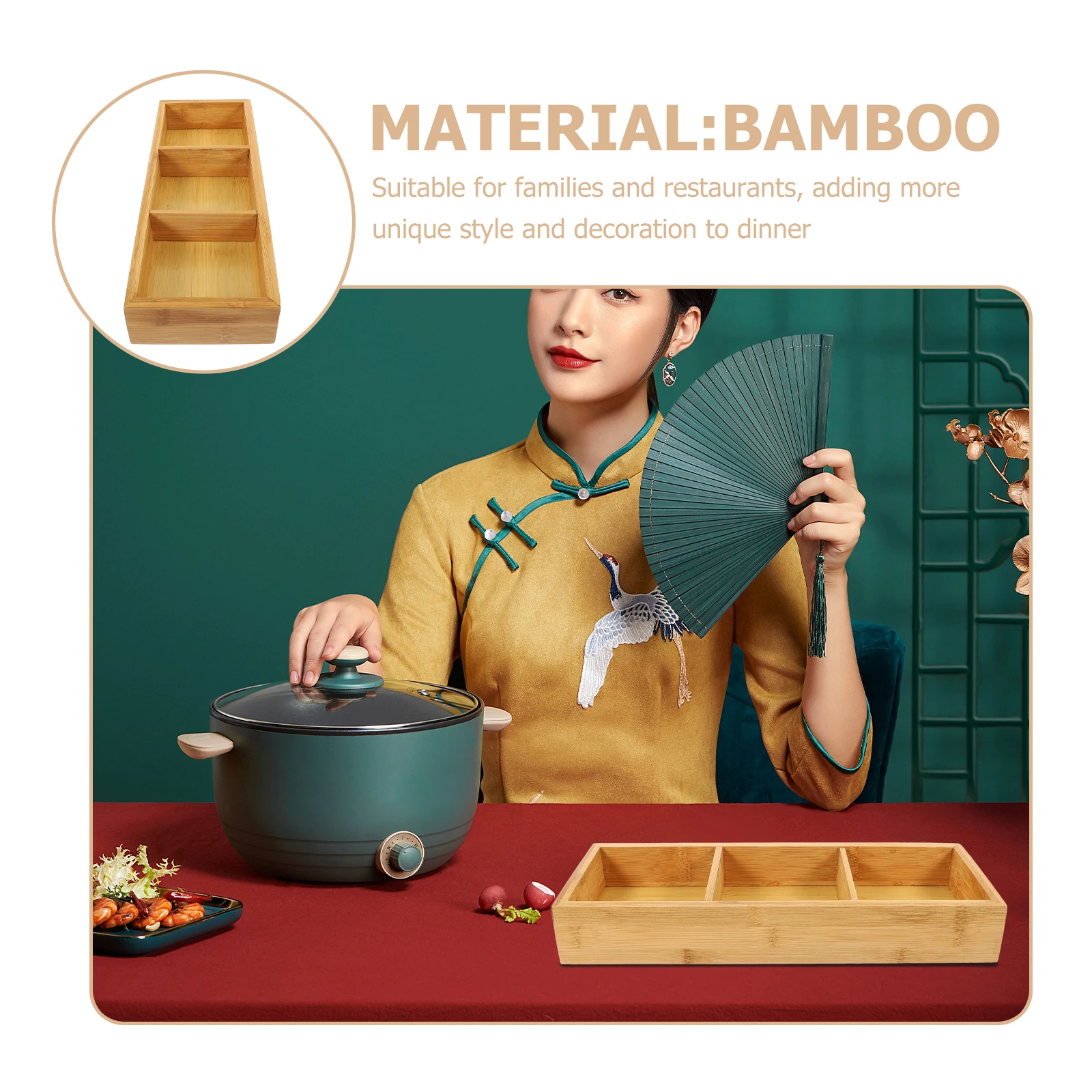 

Bamboo Food Tray Compartment Plate Multifunction Serving Dish Vegetable Hot Pot Tray Household Restaurant Safe Material