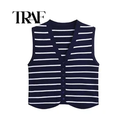 TRAF Striped Knitted Women Waistcoat 2024 Autumn V Neck Sleeveless Irregular Hem Cardigan Jacket Vest Crop Top Y2K