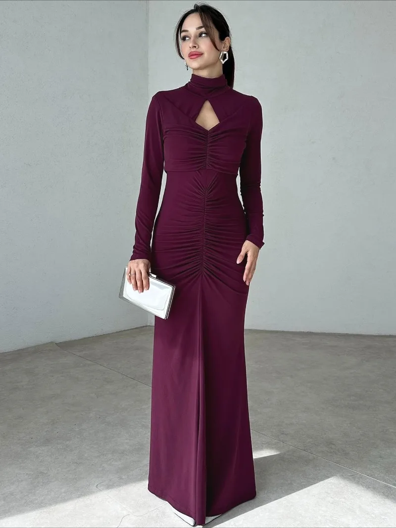 Chic Turtleneck Hollow Out Ruched Party Dresses Women Autumn Winter Folds Bodycon Tunics Evening Long Maxi Dress Purple Black