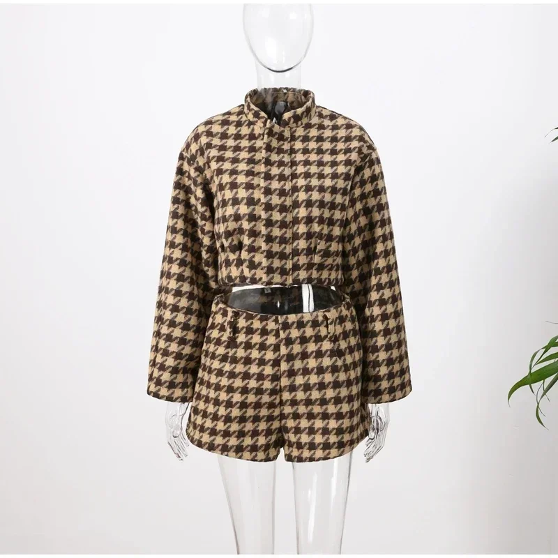 Gemütliche Grid Muster Frauen Shorts Sets Revers Lose Langarm Einreiher Rüschen Tops Hohe Taille Hosen Neue Mode Oberbekleidung – Detail 4