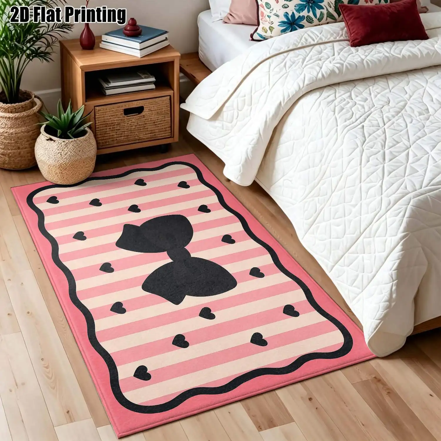 1Pc 2D Printed Carpet: Pink Stripes, Heart-And-Bow Patterns Instagram-Style Modern Minimalist Nordic Geometric Floor Mat, Washable, Multi-Size, for Home Decor, Entryway, Dining, Foyer, Bedroom, Living Room.