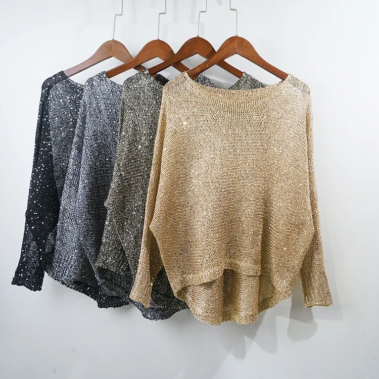 Shiny Sequin pullovers Women Long Sleeve Pullover tops women Golden Basic Shirt Sequin Knit Tops