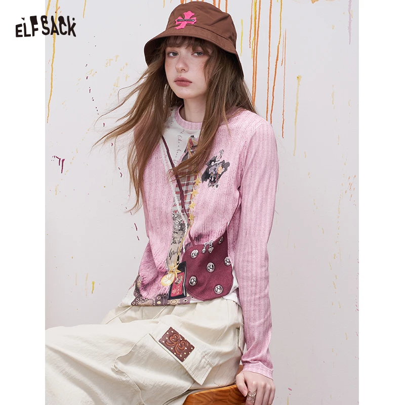 ELFSACK Cute All-Over Print Long Sleeve T-Shirt with Novelty Bear Graphic, Soft Stretchy Casual Tee, Slim Retro Top for Women