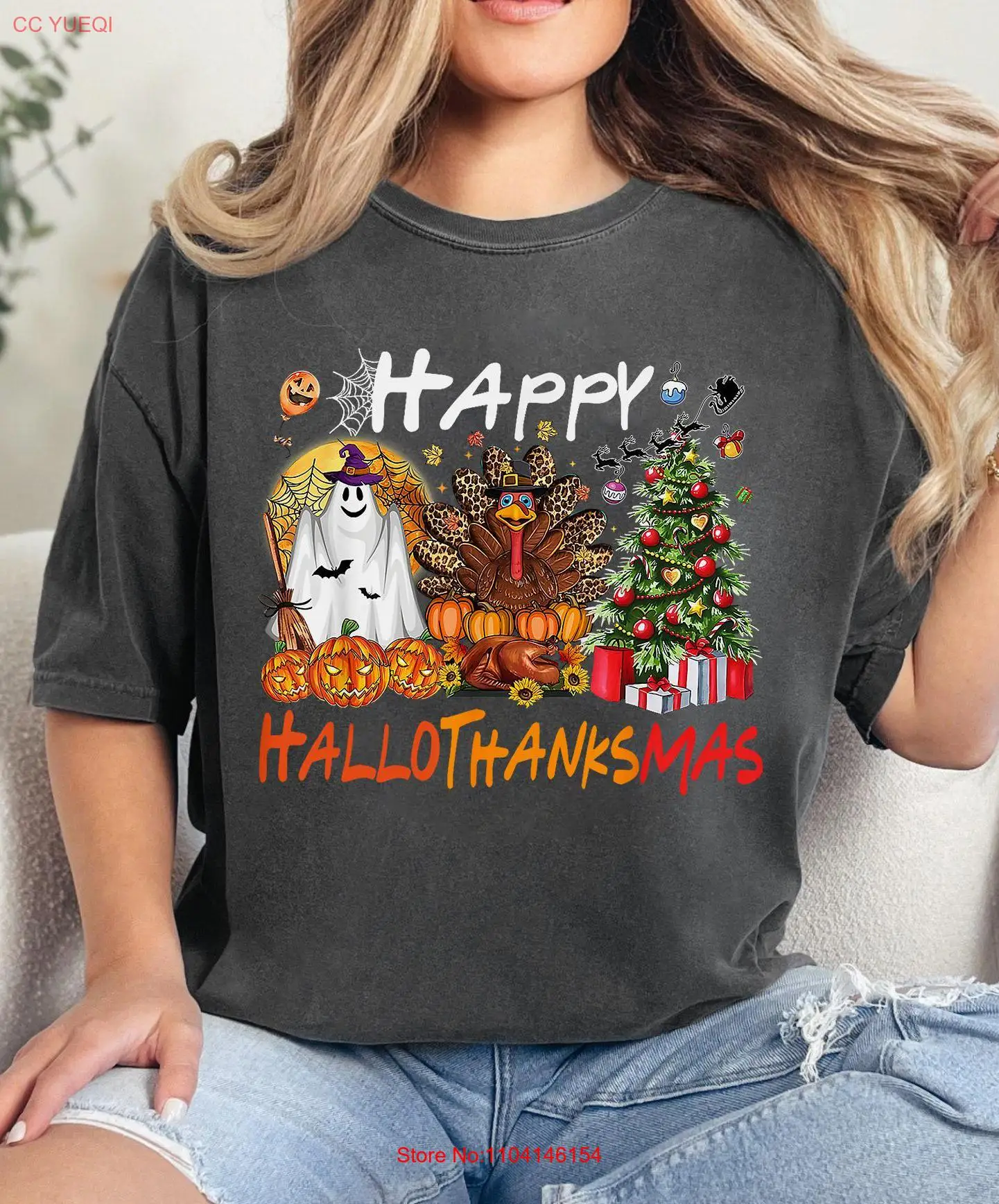 Футболка Happy Hallothanksmas на Хэллоуин, День Благодарения, Рождество, свитер, праздничный сезон, забавная осень-осень