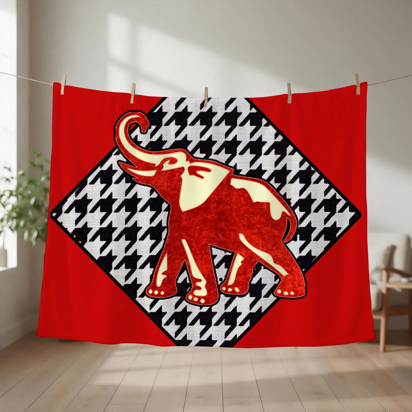 Red Elephant Houndstooth Diamond Throw Blanket couch cozy soft plush fuzzy picnic outdoor blanket