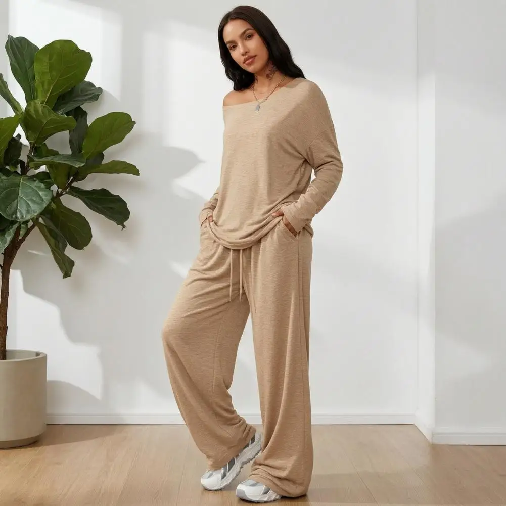 Matching Lounge Set Women Two Piece Outfits Women’s Off Shoulder Sweatshirt Set Long Sleeve Top Wide Leg Trousers for Spring