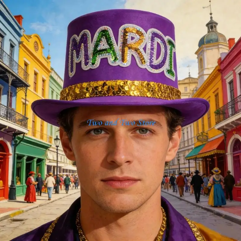 

HX6F Luxurious MardiGras Top Hat With Golden Sequins Festival Event Gathering Tall Hat for Cosplay Event Carnivals Parties