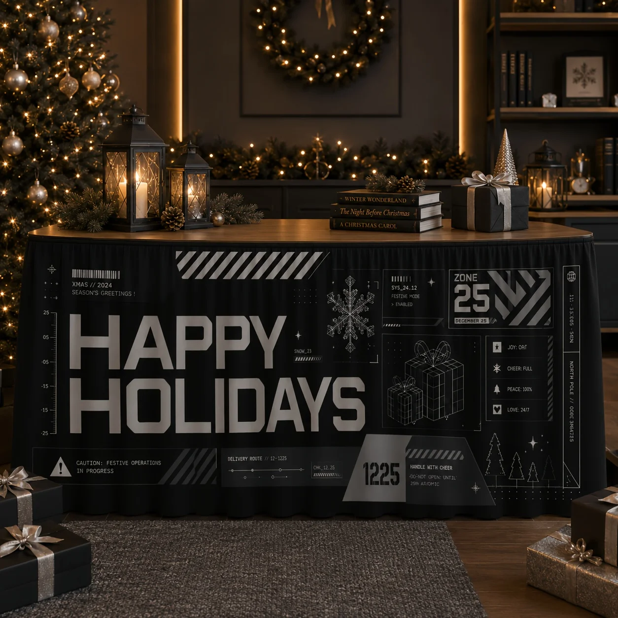 modern technology style snowflake table cover and tablecloth - black and gray Christmas tablecloth with snowflake pattern