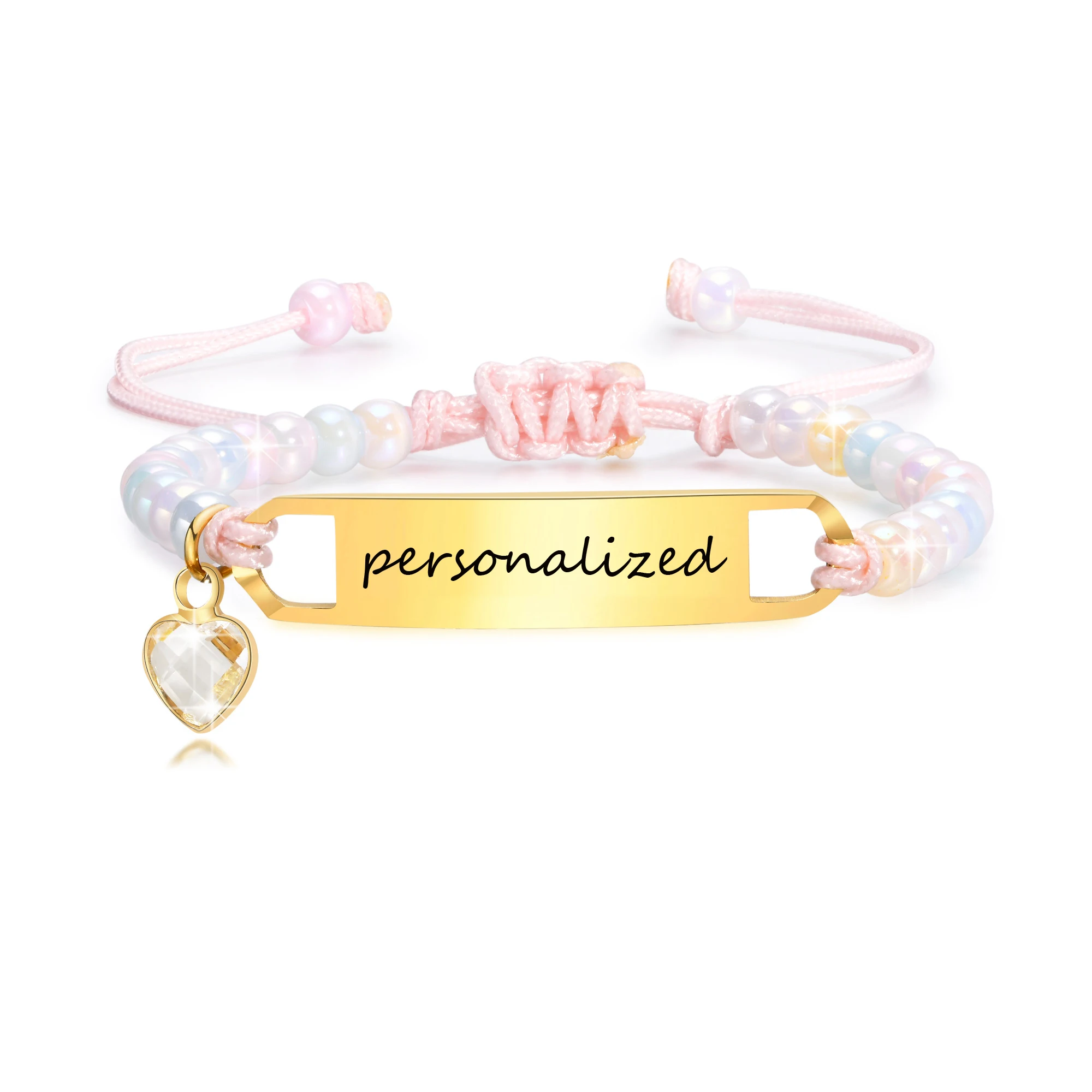 Personalized Enrgave Name Bar ID Bracelet for Little Boy Girl, Charms Zirconia Handmade Braided Bracelet Birthday Gift