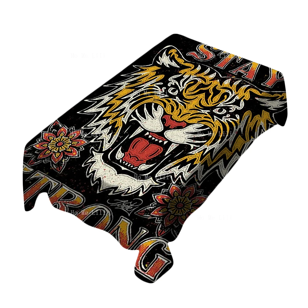 King Of Forest Angry Tiger Head Face Mascot Snake Dagger Throat Tattoo Retro Style Rectangular Tablecloth