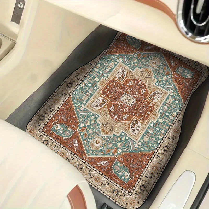 4pcs Bohemian Design Car Floor Mats - Stylish, Durable Polyester All-Season Protective Carpets For Front & Rear Seats, Enhancing