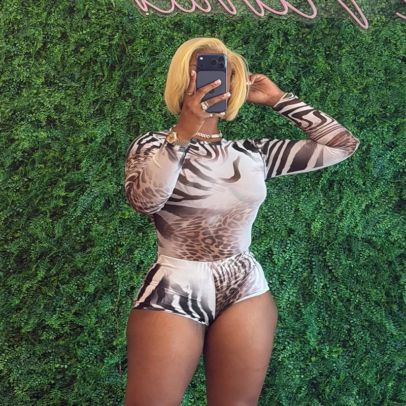 Gradient Leopard Print Mesh 2 Piece Set Women Sexy O-neck Full Sleeve T-shirts Tops + Shorts Fashion Night Clubwear Suits