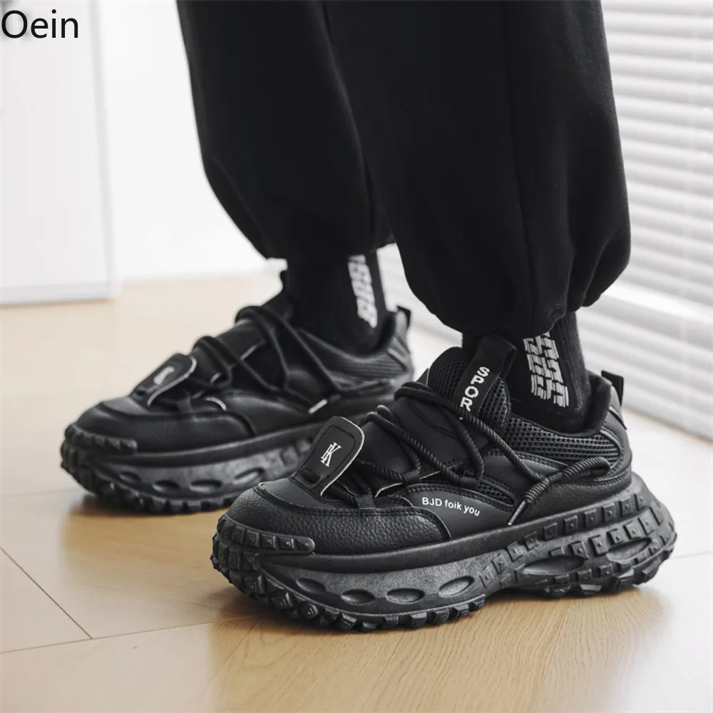 Mens PU Leather Sneakers Platform High Heel Lace Up Round Toe Match Colors Athletic Shoes Korean Styles Black White New 2024