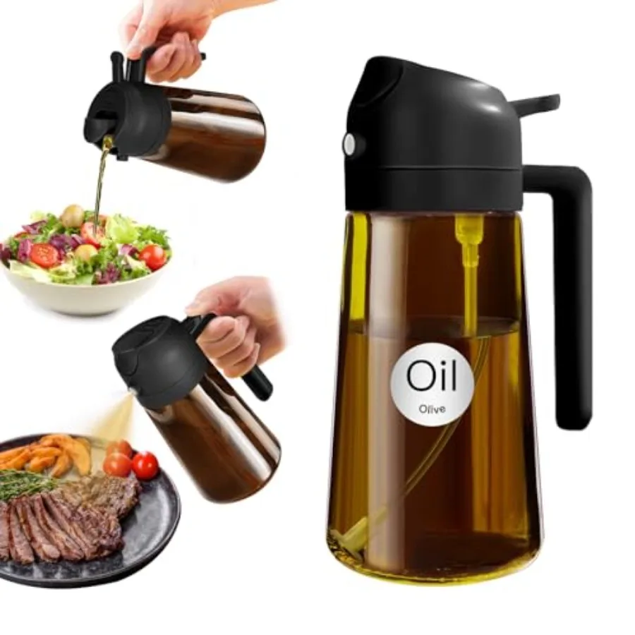 Rociador de Aceite de 16oz/470ml con Bloqueo de Luz para Cocinar con Pegatinas, Dispensador de Aceite de Oliva 2 en 1 de Grado Alimenticio para Cocina Premium