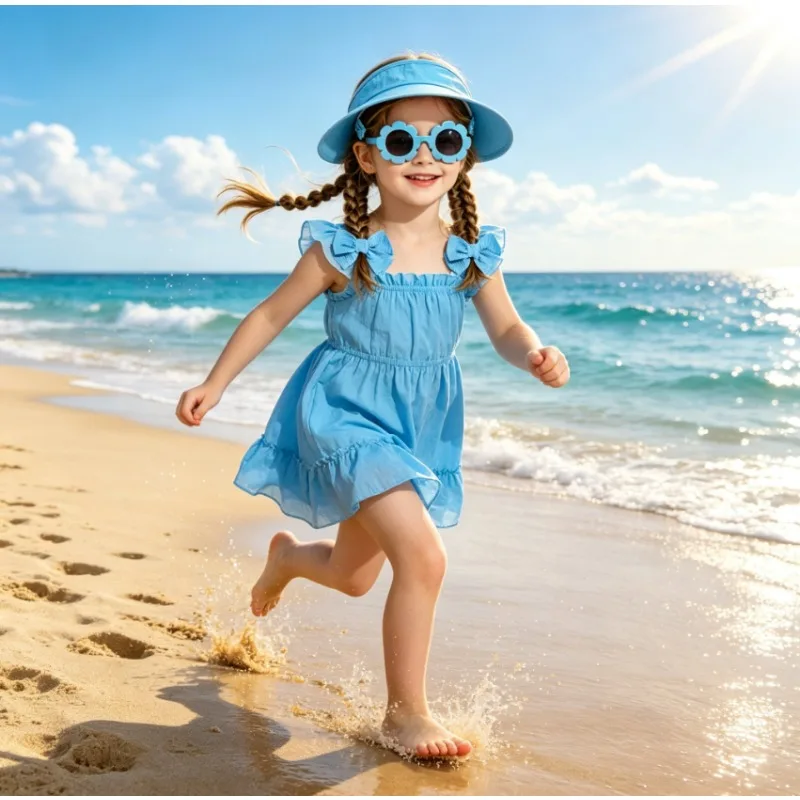 Girls Flower Sunglasses with Visor Hat and Bow Clips 4pcs Set Kids Summer Sun Protection Outdoor Beach Party Costume Accessory