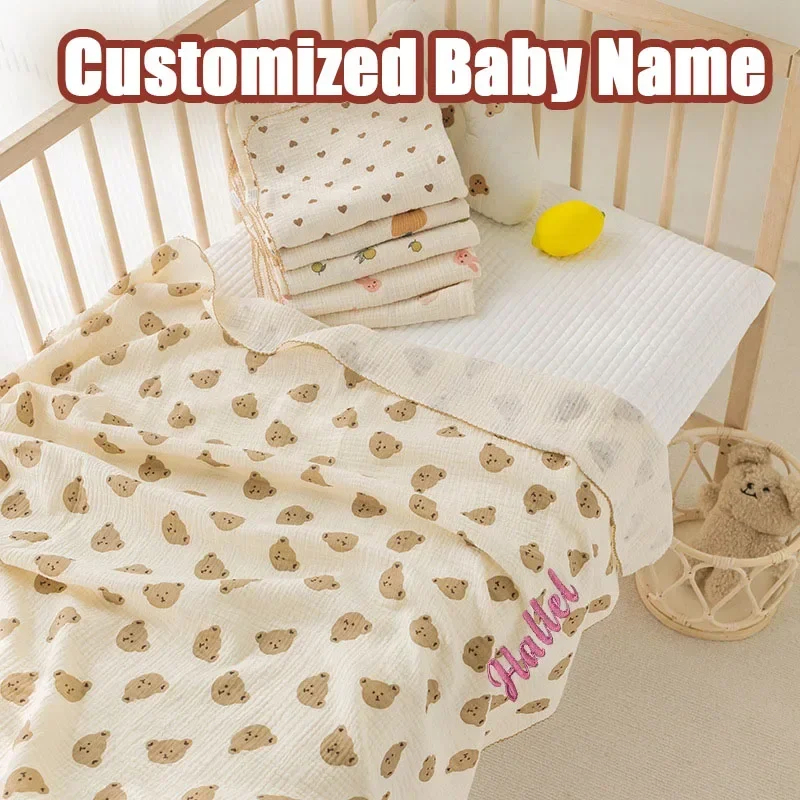 Personalized Newborn Baby Blanket Cotton Gauze Muslin Blanket Soft Swaddling Baby Crib Quilt Custom Baby Name kids Gifts Items