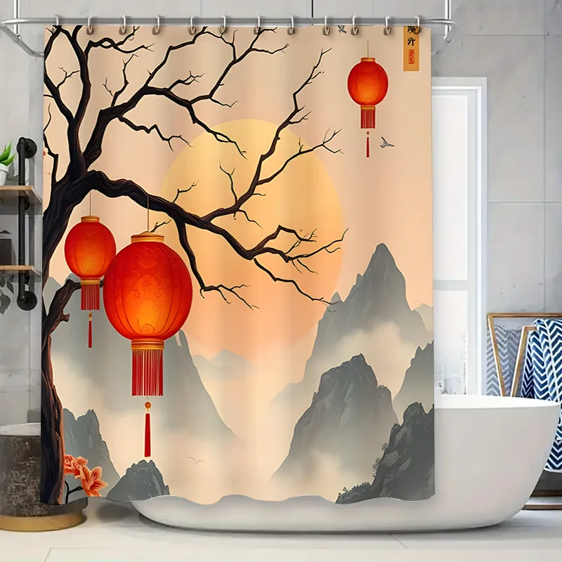 Elegant Chinese Style Shower Curtain with Red Lanterns and Mountain Landscape Design - Waterproof and Durable Home Decor