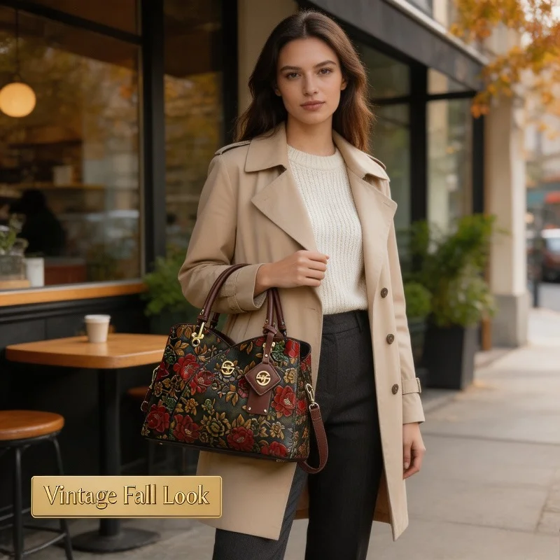 Women Vintage Floral Embossed Handbag Faux Leather Trim Metal Tag Pendant Detachable Strap Top Handle Crossbody Tote Purse