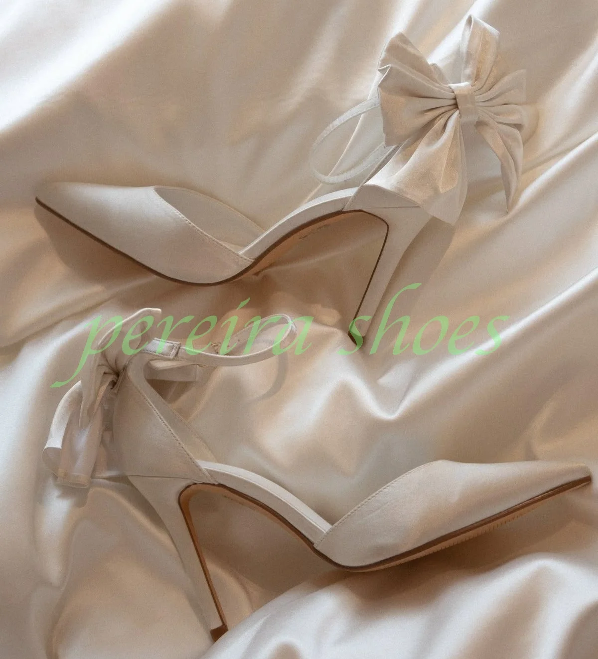 Women Ivory Satin Pointed Toe Ankle Strap Slingback High Heel Pumps Back Bowtie Stiletto Heels Wedding Bridal Elegant Formal 46