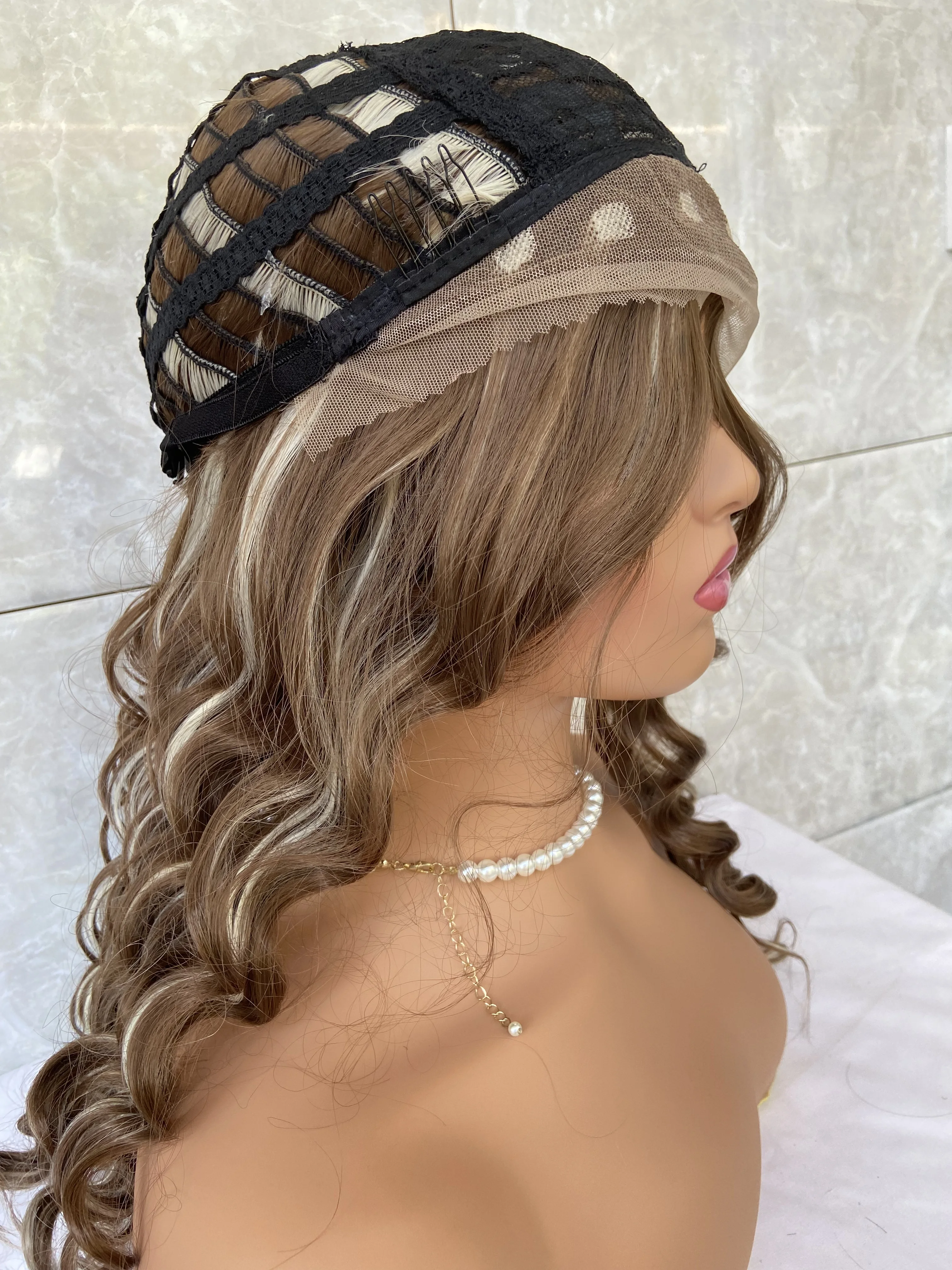 Fashiomag Long Wavy Brown Highlight Blonde Full Lace Front Heat Resistant Fiber Wigs Women Soft Natural Daily Use