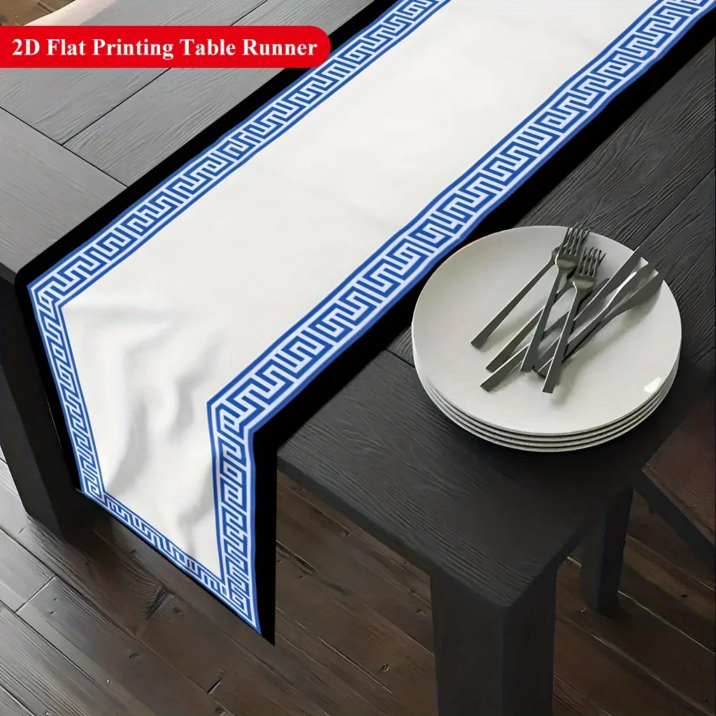 1pc Blue Border And White Base Table Runner Holiday Party Decorative Cloth for Home Kitchen  Office Living Room Coffee Table